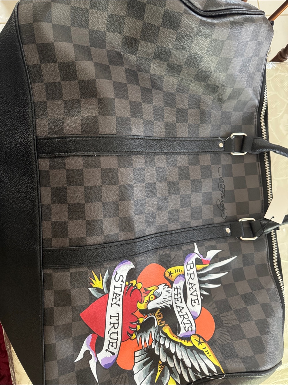 Ed Hardy Black Checkered Tote Bag Eagle Heart Graphic New